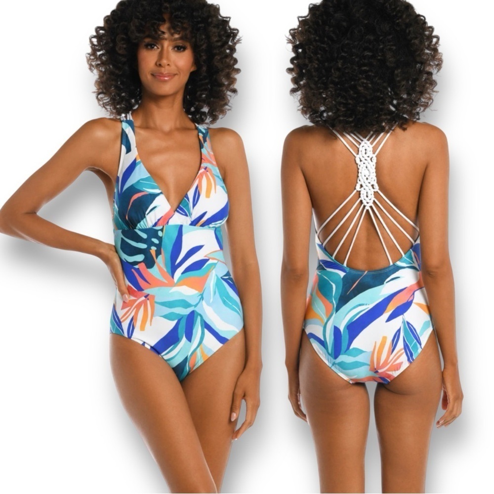 La Blanca Coastal Palms Multi Strap Criss-Cross Back One Piece Swimsuit Sz14 NWT